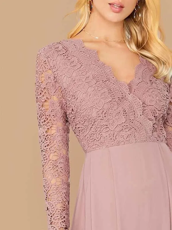 CM-DS730474 Women Elegant Seoul Style Long Sleeve Guipure Lace Bodice Boxy Pleated Dress - Purple