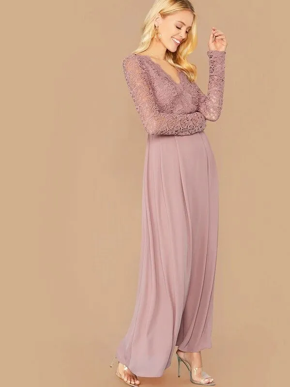 CM-DS730474 Women Elegant Seoul Style Long Sleeve Guipure Lace Bodice Boxy Pleated Dress - Purple