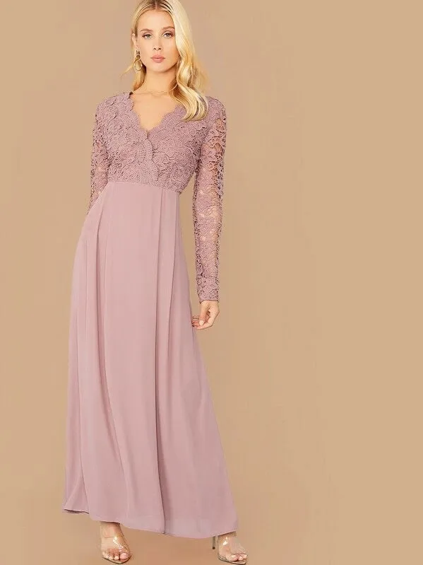 CM-DS730474 Women Elegant Seoul Style Long Sleeve Guipure Lace Bodice Boxy Pleated Dress - Purple
