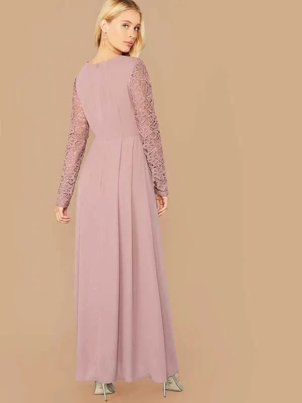 CM-DS730474 Women Elegant Seoul Style Long Sleeve Guipure Lace Bodice Boxy Pleated Dress - Purple