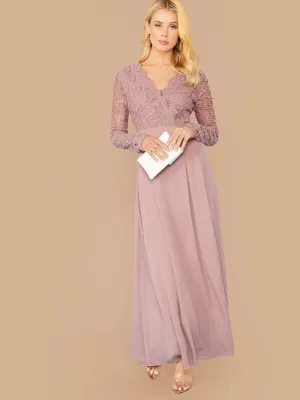 CM-DS730474 Women Elegant Seoul Style Long Sleeve Guipure Lace Bodice Boxy Pleated Dress - Purple