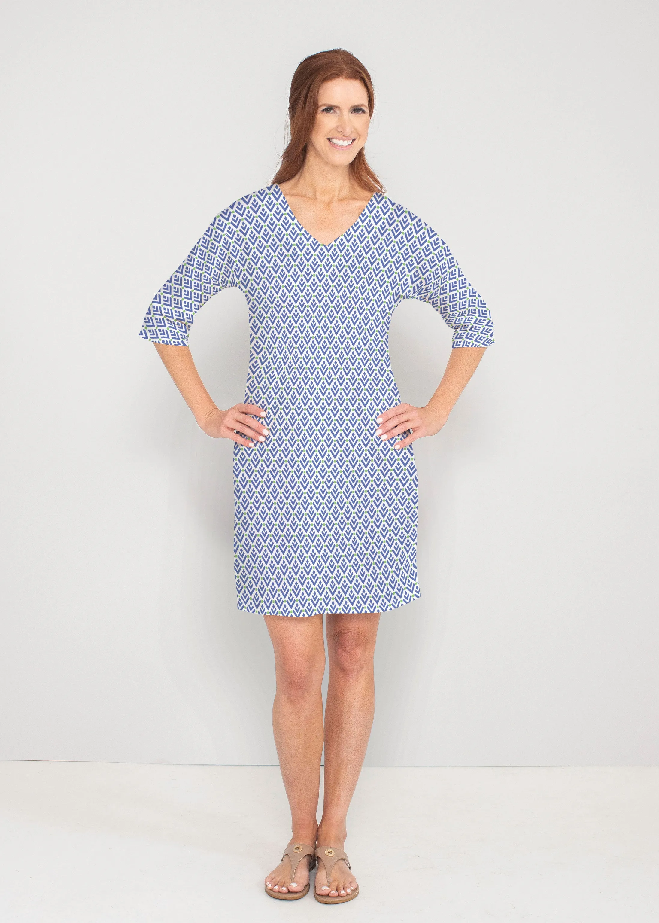 Cosmo Geo (13568) ~ Drop Shoulder 3/4 Sleeve V-Neck Dress