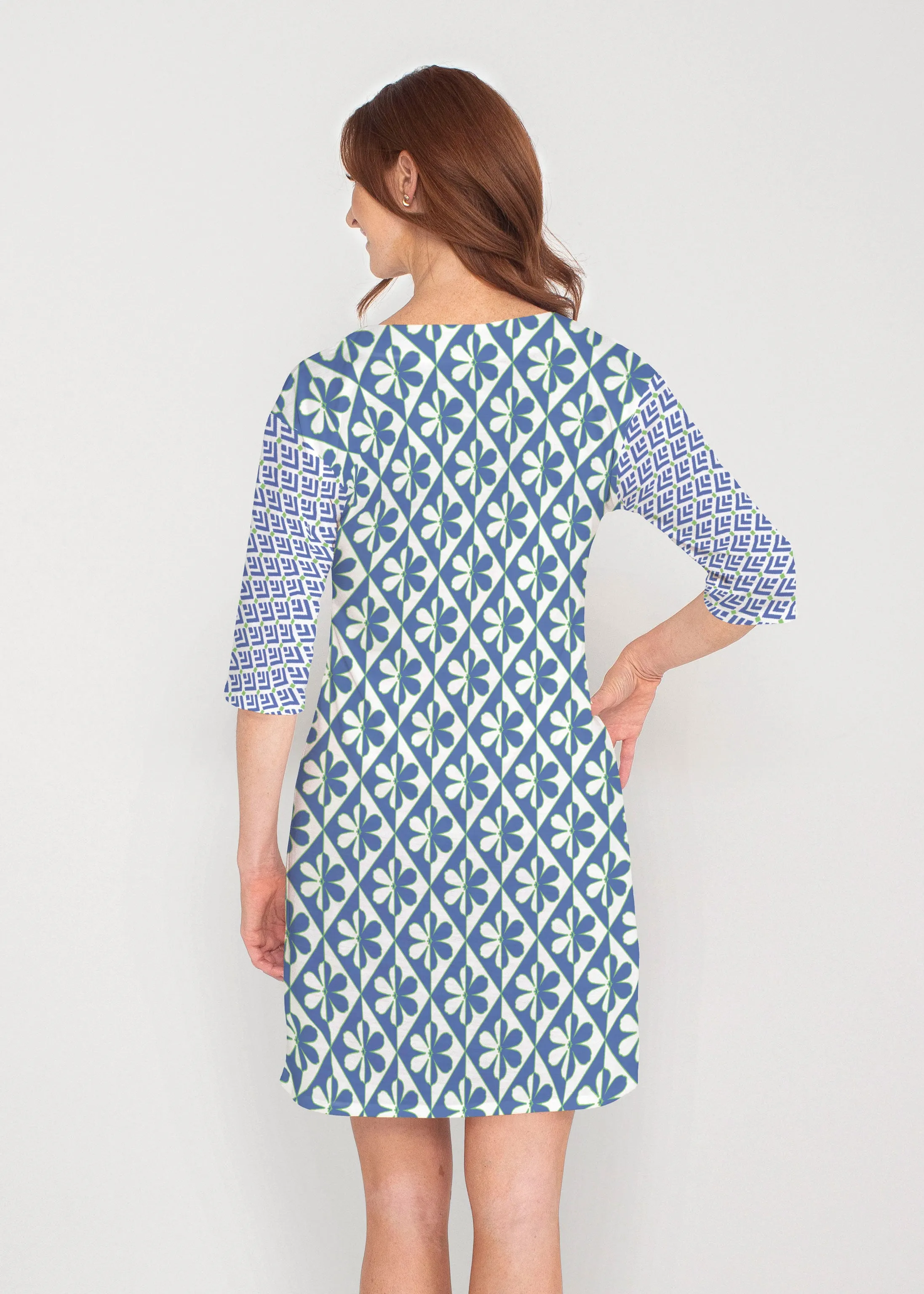 Cosmo Geo (13568) ~ Drop Shoulder 3/4 Sleeve V-Neck Dress