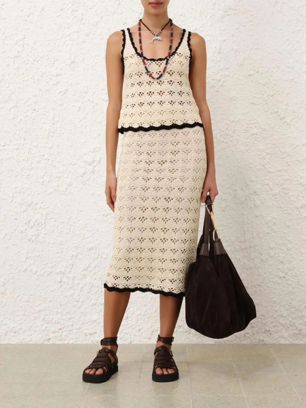 Cream and Black Rhiannon Crochet Midi Skirt