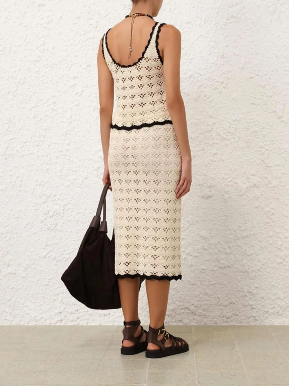 Cream and Black Rhiannon Crochet Midi Skirt