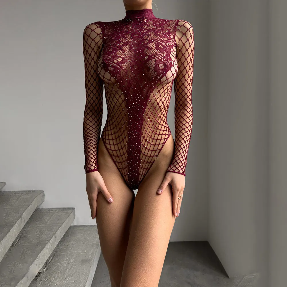 Daring Fishnet Beaded One-Piece Bodysuit for Nightclub Glam