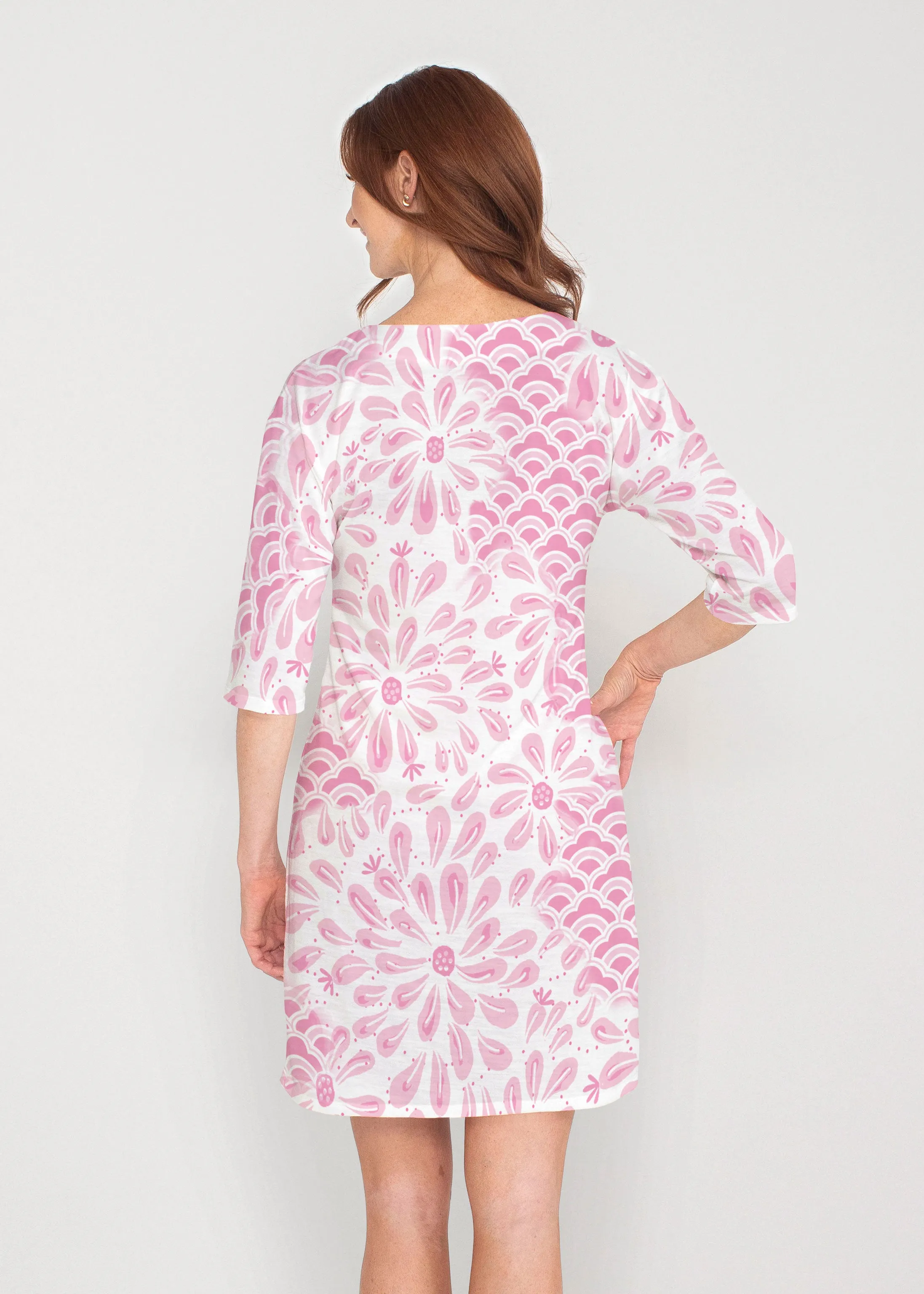 Daybreak Pink (8073) ~ Drop Shoulder 3/4 Sleeve V-Neck Dress