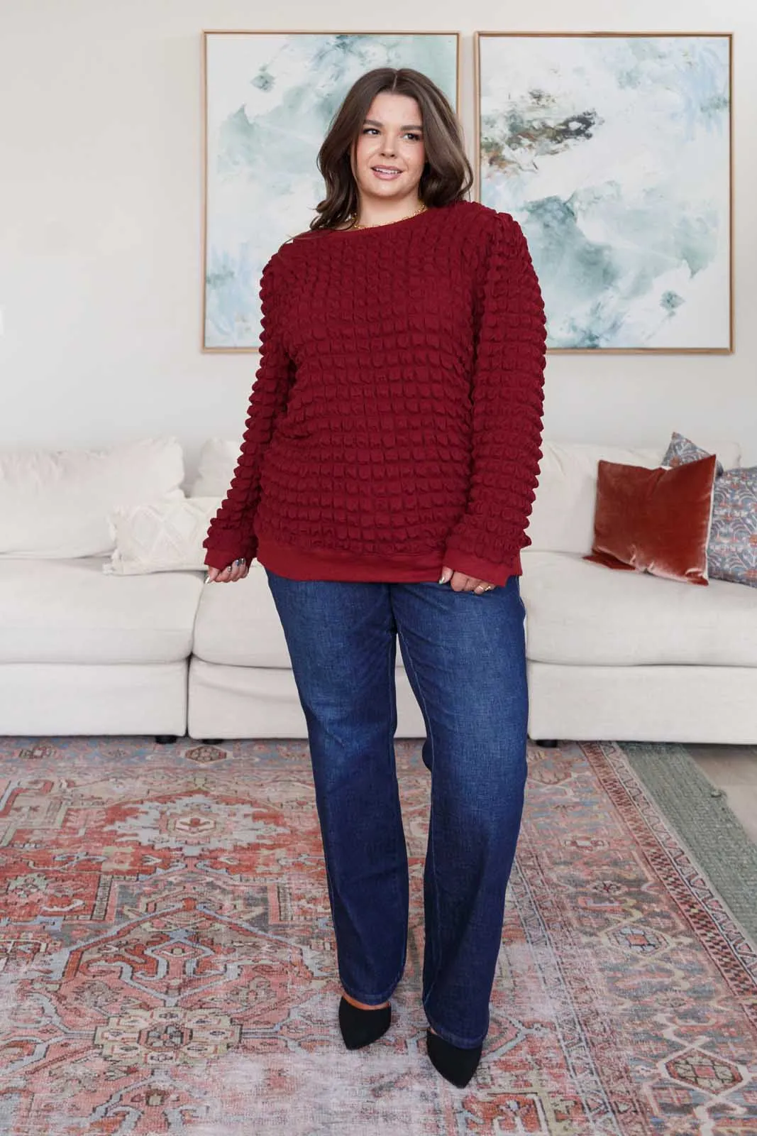 Denali Bubble Pullover - Wine, Novelty Knit, Puff Sleeves, Crew Neck