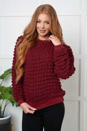 Denali Bubble Pullover - Wine, Novelty Knit, Puff Sleeves, Crew Neck