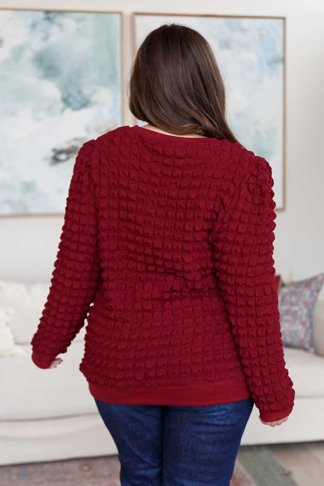 Denali Bubble Pullover - Wine, Novelty Knit, Puff Sleeves, Crew Neck