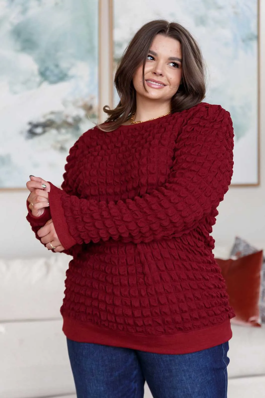 Denali Bubble Pullover - Wine, Novelty Knit, Puff Sleeves, Crew Neck