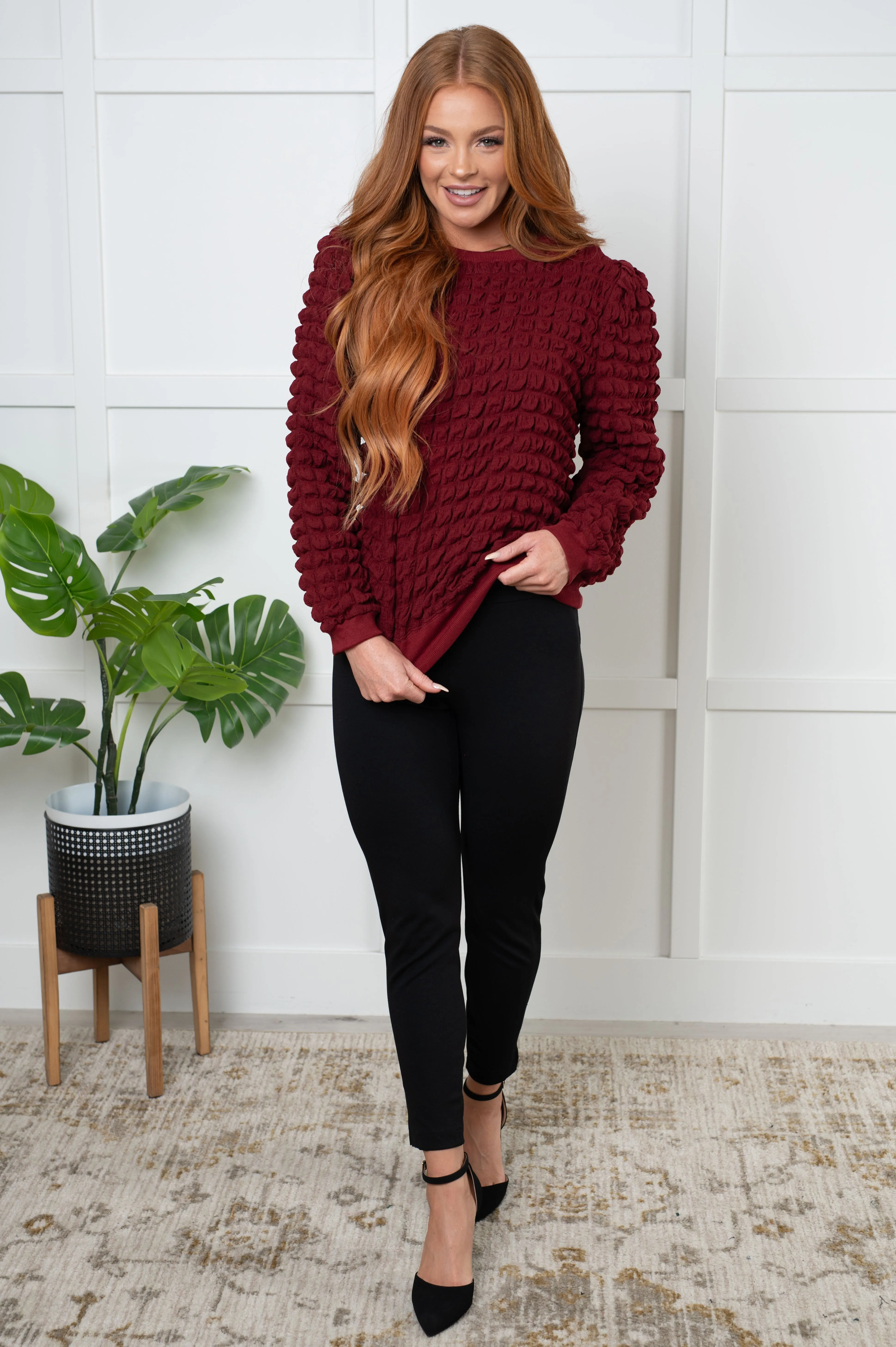 Denali Bubble Pullover - Wine, Novelty Knit, Puff Sleeves, Crew Neck