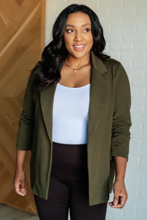 Devi Magic Blazer in Olive- Ruched Sleeves, Slim Fit, Ponte Knit