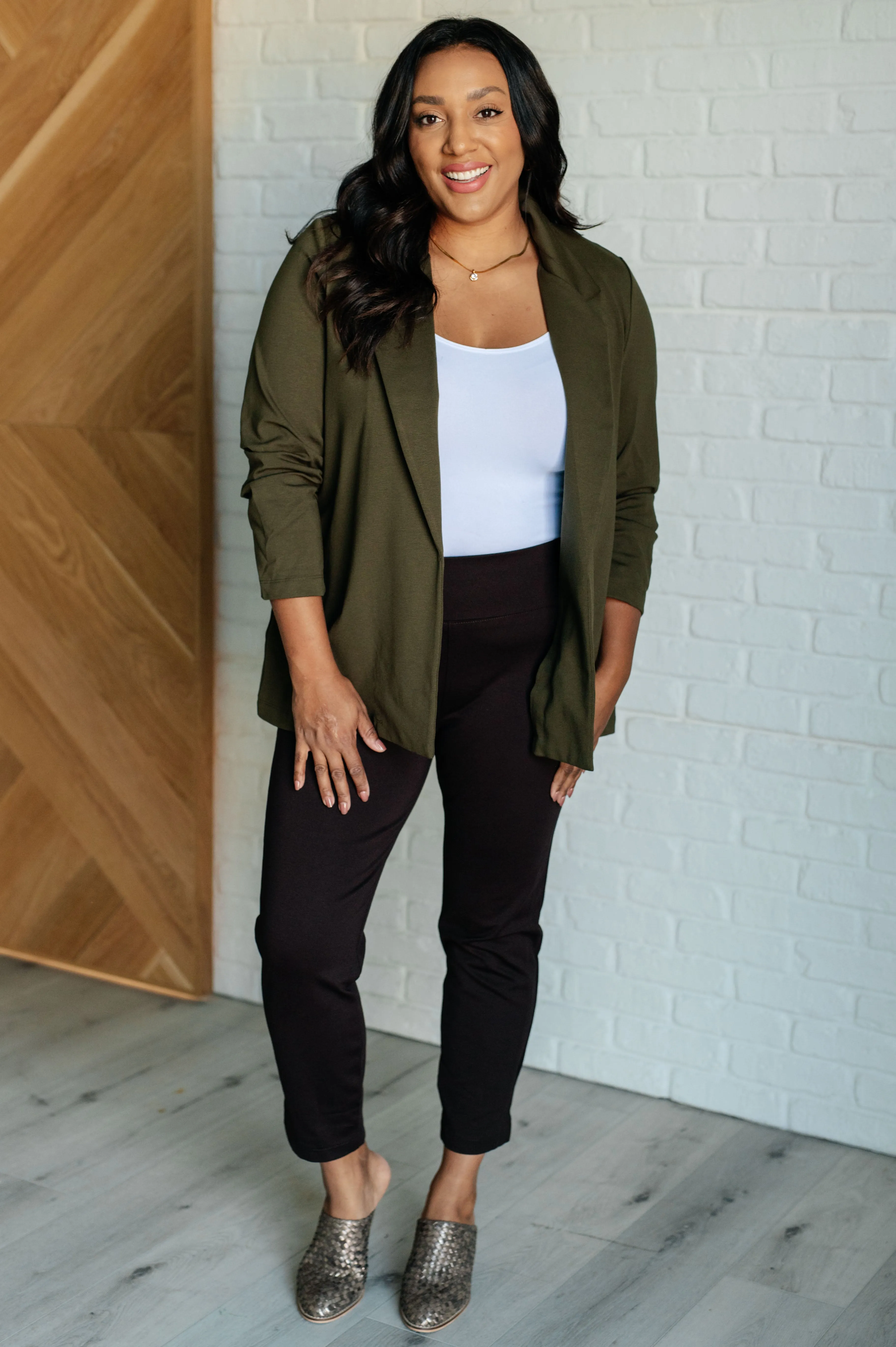Devi Magic Blazer in Olive- Ruched Sleeves, Slim Fit, Ponte Knit