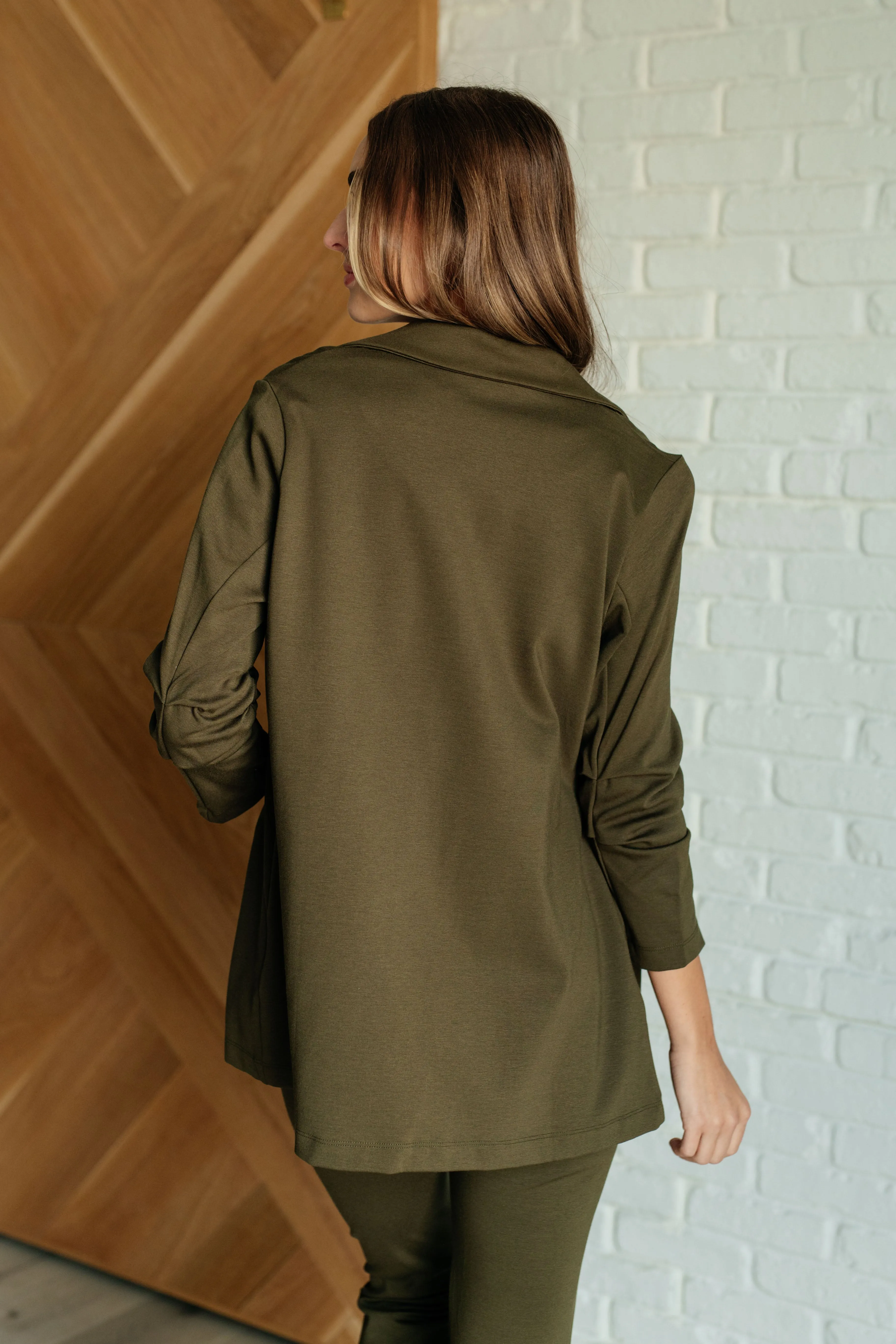 Devi Magic Blazer in Olive- Ruched Sleeves, Slim Fit, Ponte Knit