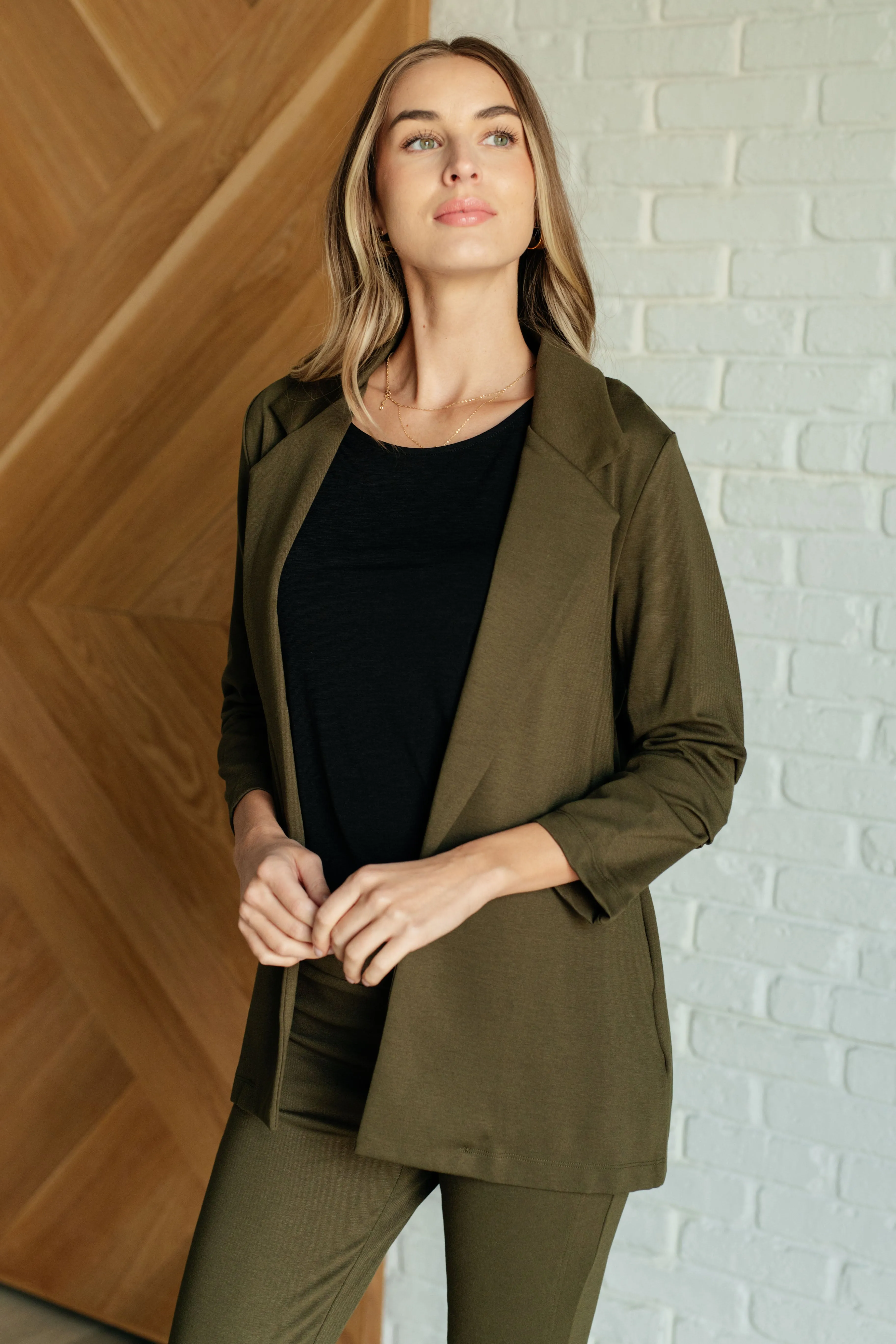 Devi Magic Blazer in Olive- Ruched Sleeves, Slim Fit, Ponte Knit