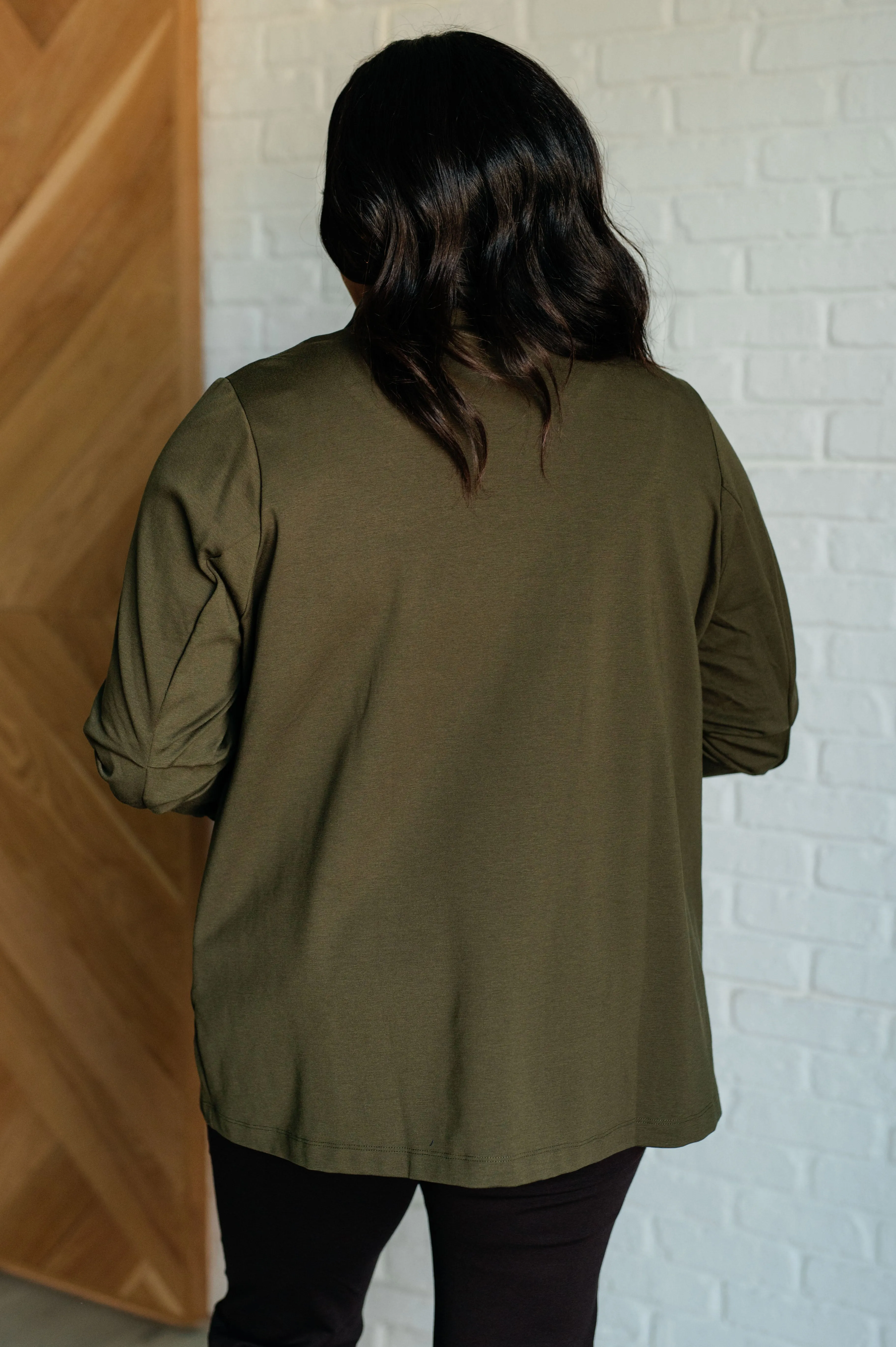 Devi Magic Blazer in Olive- Ruched Sleeves, Slim Fit, Ponte Knit