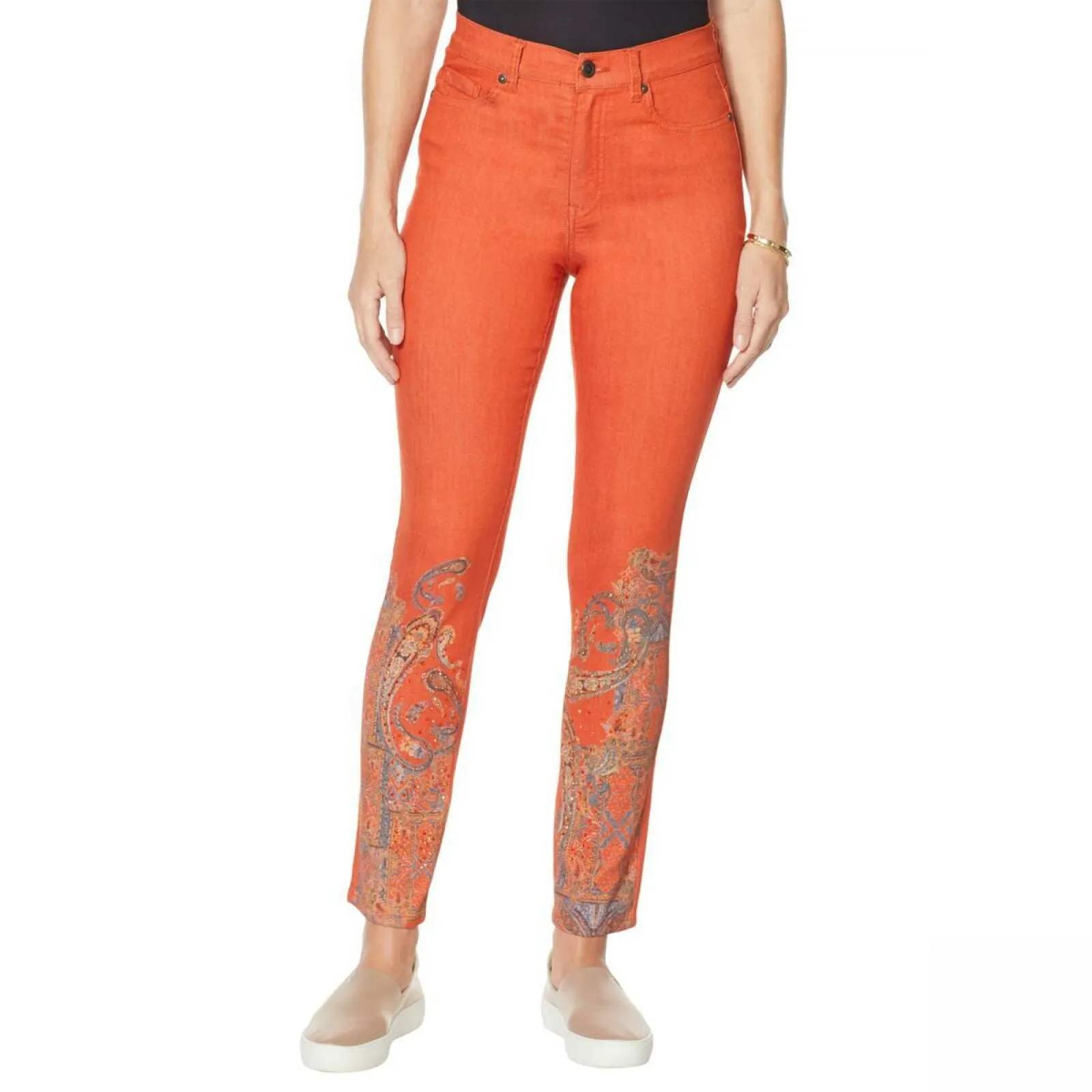 DG2 by Diane Gilman Classic Stretch Artwork Printed Jeans Rust Paisley 12