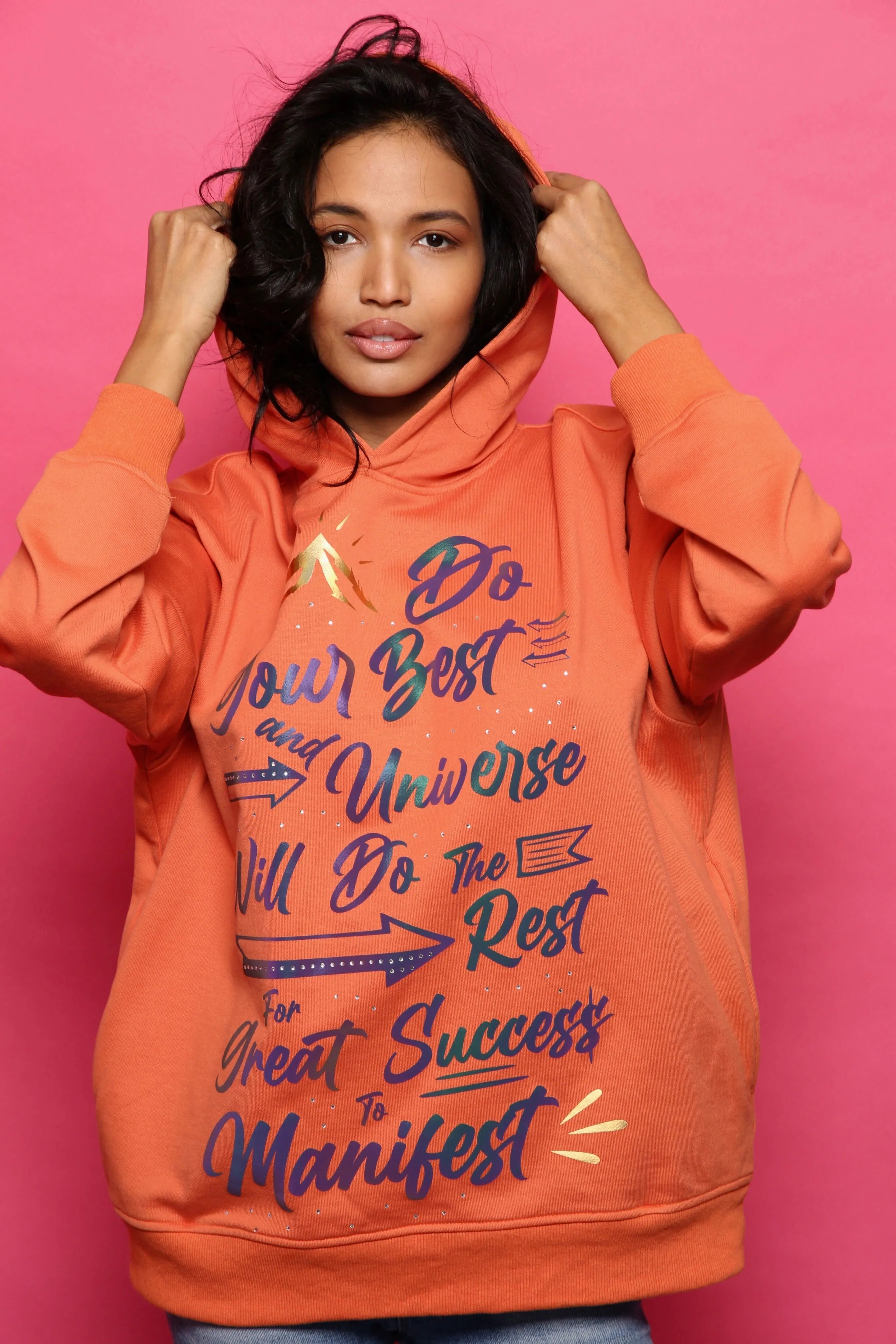 ‘Do Your Best’ Reflective & Rhinestone Affirmation Hoodie - Orange