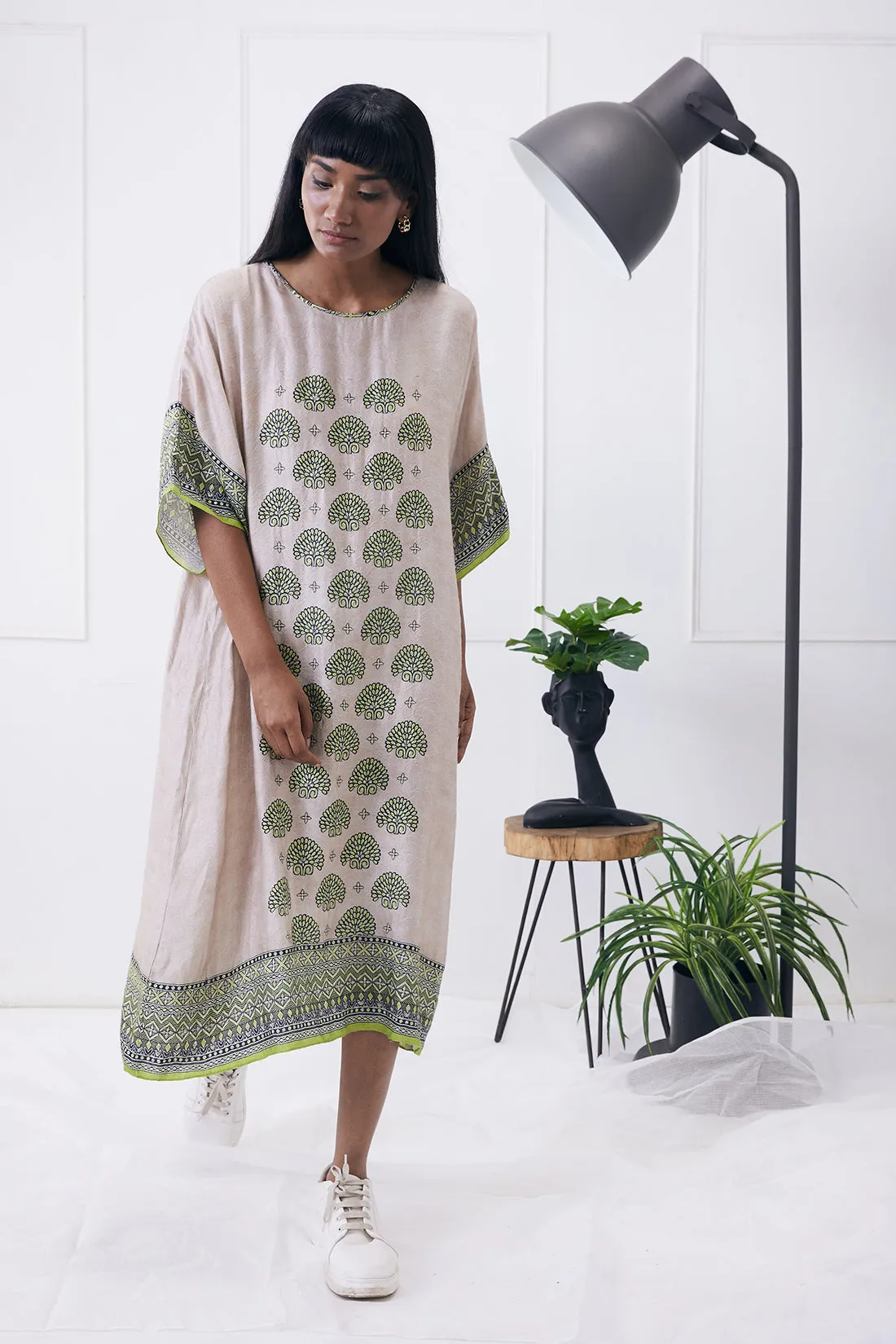 Ela Printed Ivory Kimono Dress