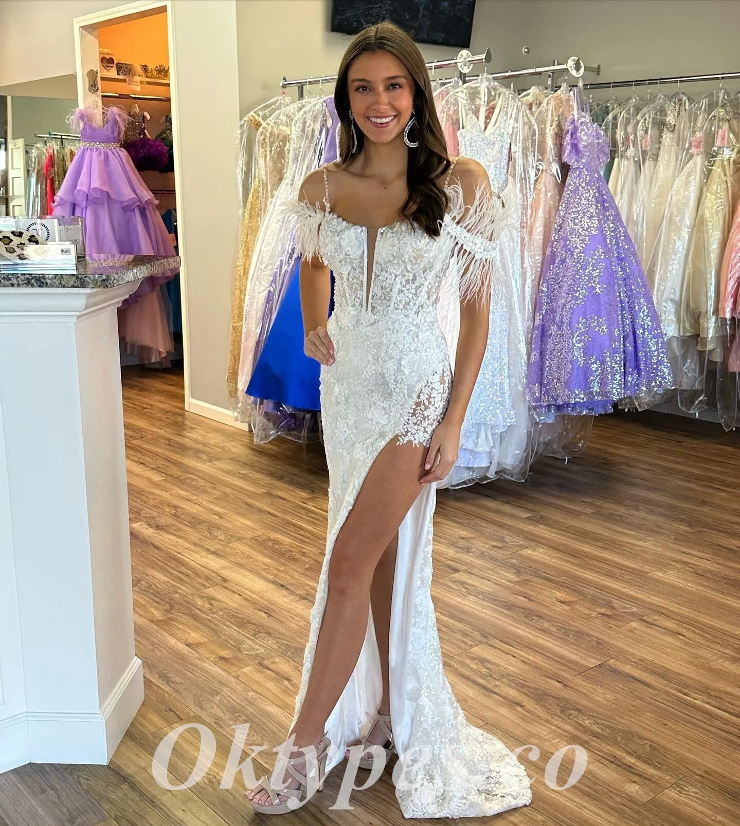 Elegant Lace And Tulle Cold Shoulder Sleeveless Side Slit Mermaid Long Prom Dresses,PDS0774