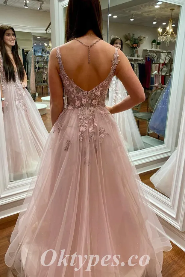 Elegant Tulle Spaghetti Straps V-Neck Sleeveless A-Line Long Prom Dresses With Applique And Beading,PDS0660