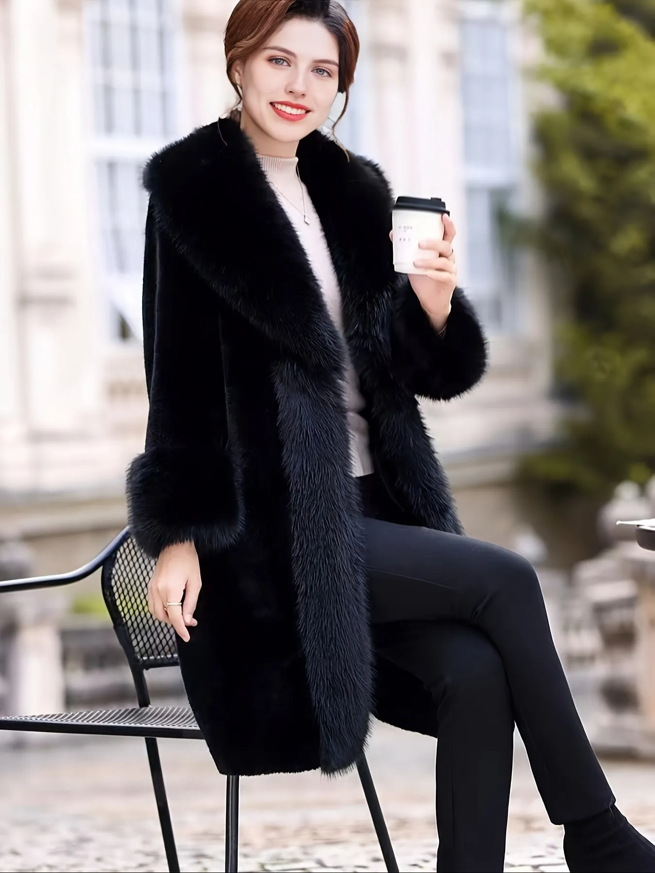 Elegant Womens Faux Fur Coat  Soft  Warm Outerwear