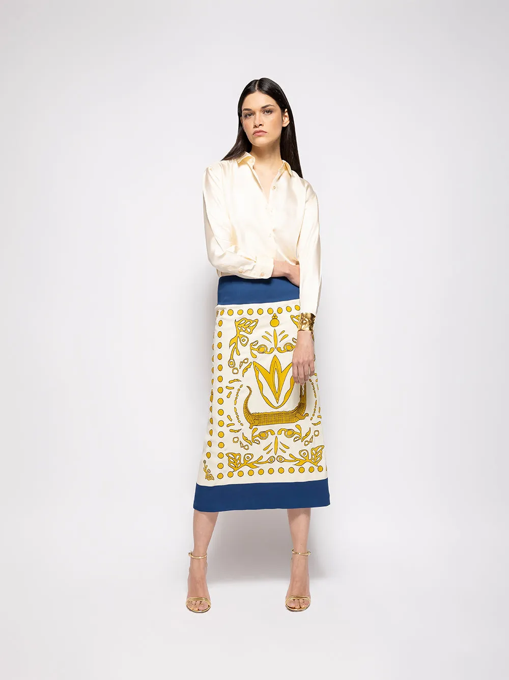 Elizabeth Vanilla Custard Embroidered Pencil Skirt