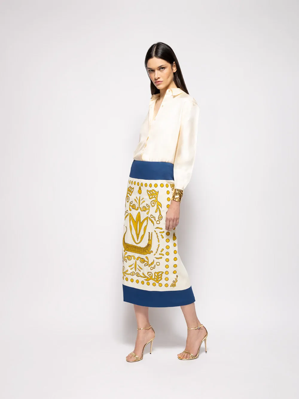 Elizabeth Vanilla Custard Embroidered Pencil Skirt