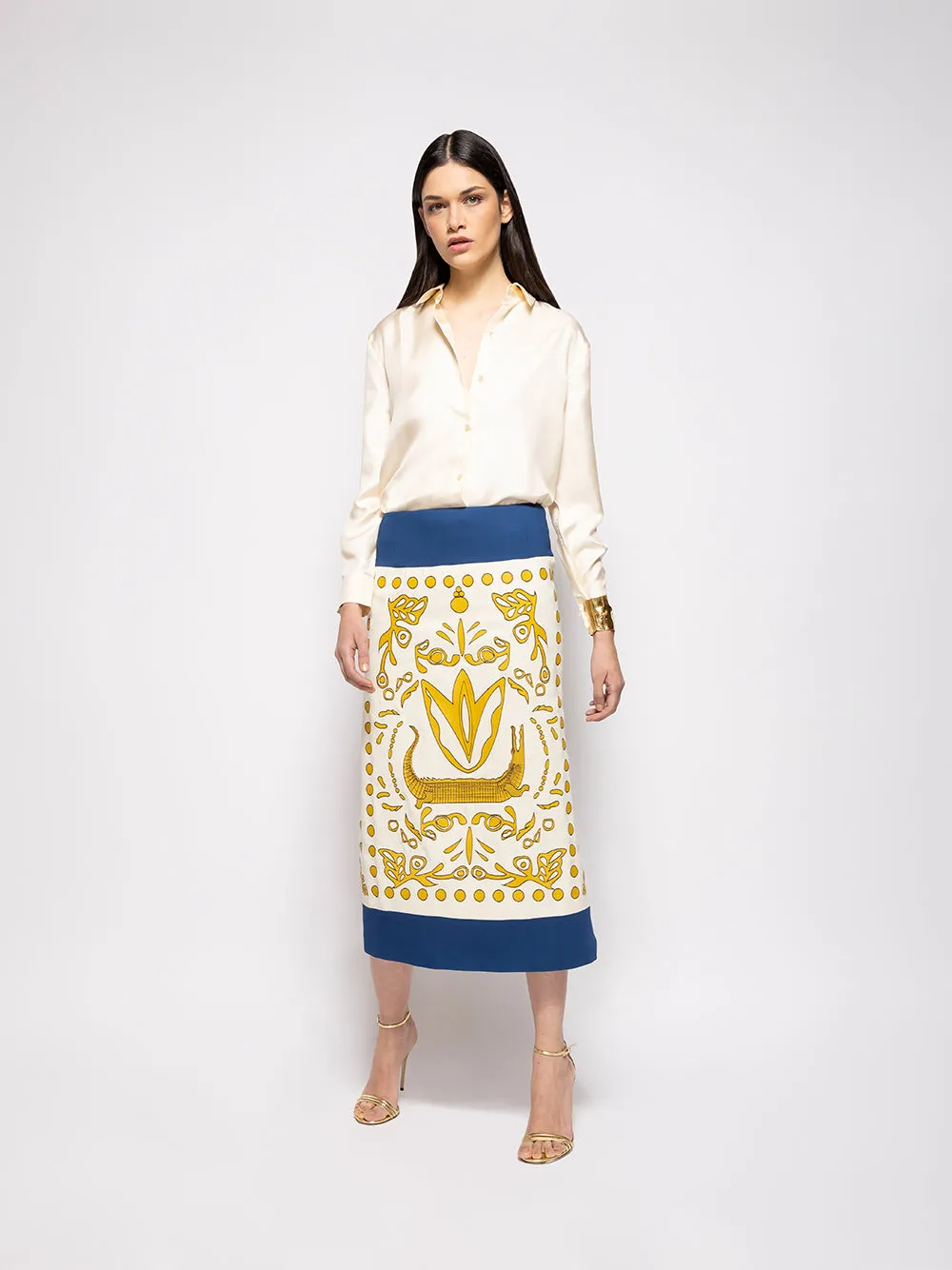 Elizabeth Vanilla Custard Embroidered Pencil Skirt