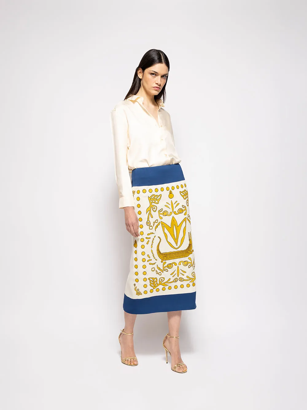 Elizabeth Vanilla Custard Embroidered Pencil Skirt