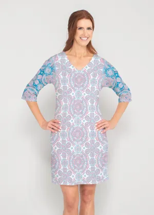 Etched Mod Blue (8033) ~ Drop Shoulder 3/4 Sleeve V-Neck Dress