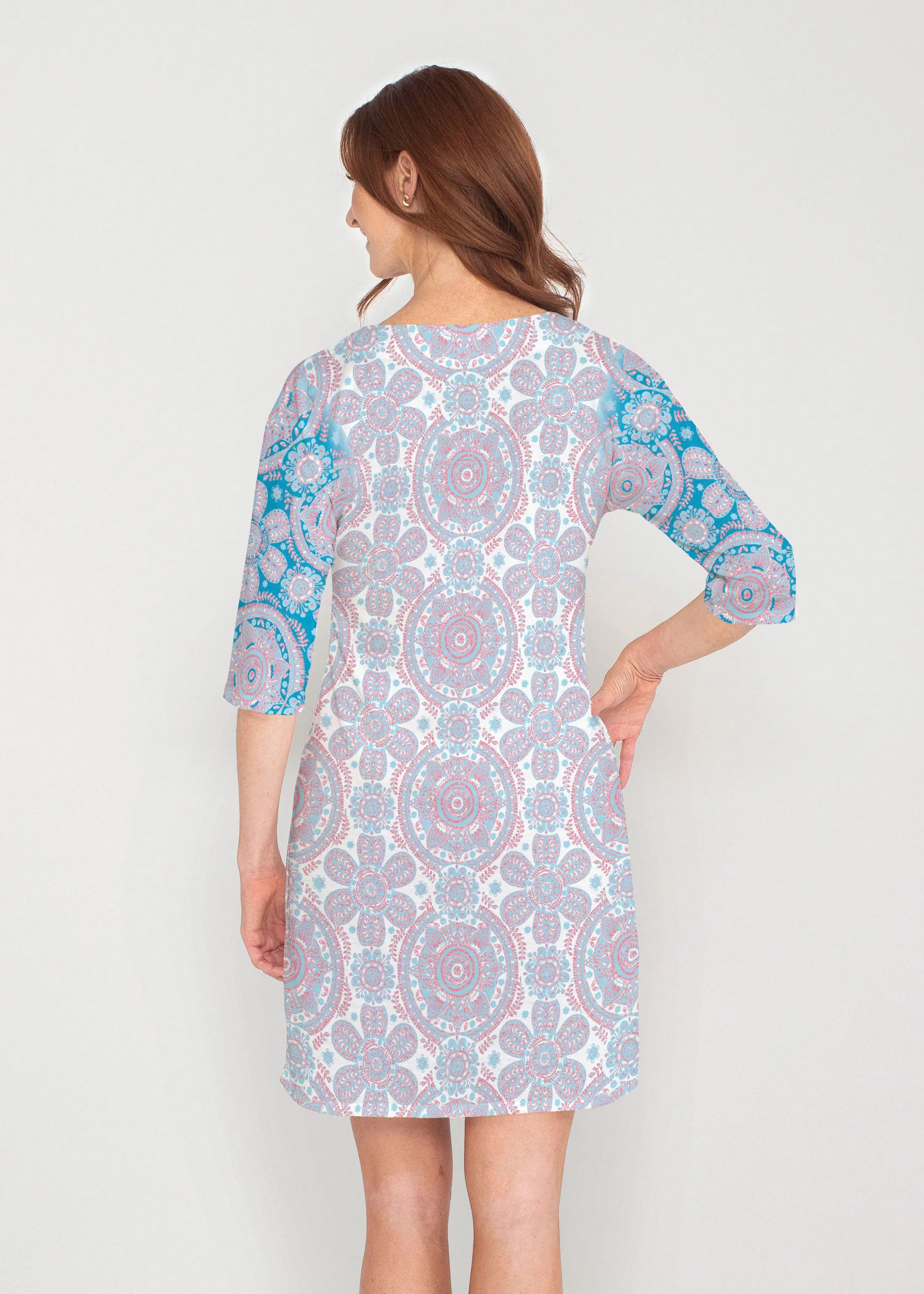 Etched Mod Blue (8033) ~ Drop Shoulder 3/4 Sleeve V-Neck Dress