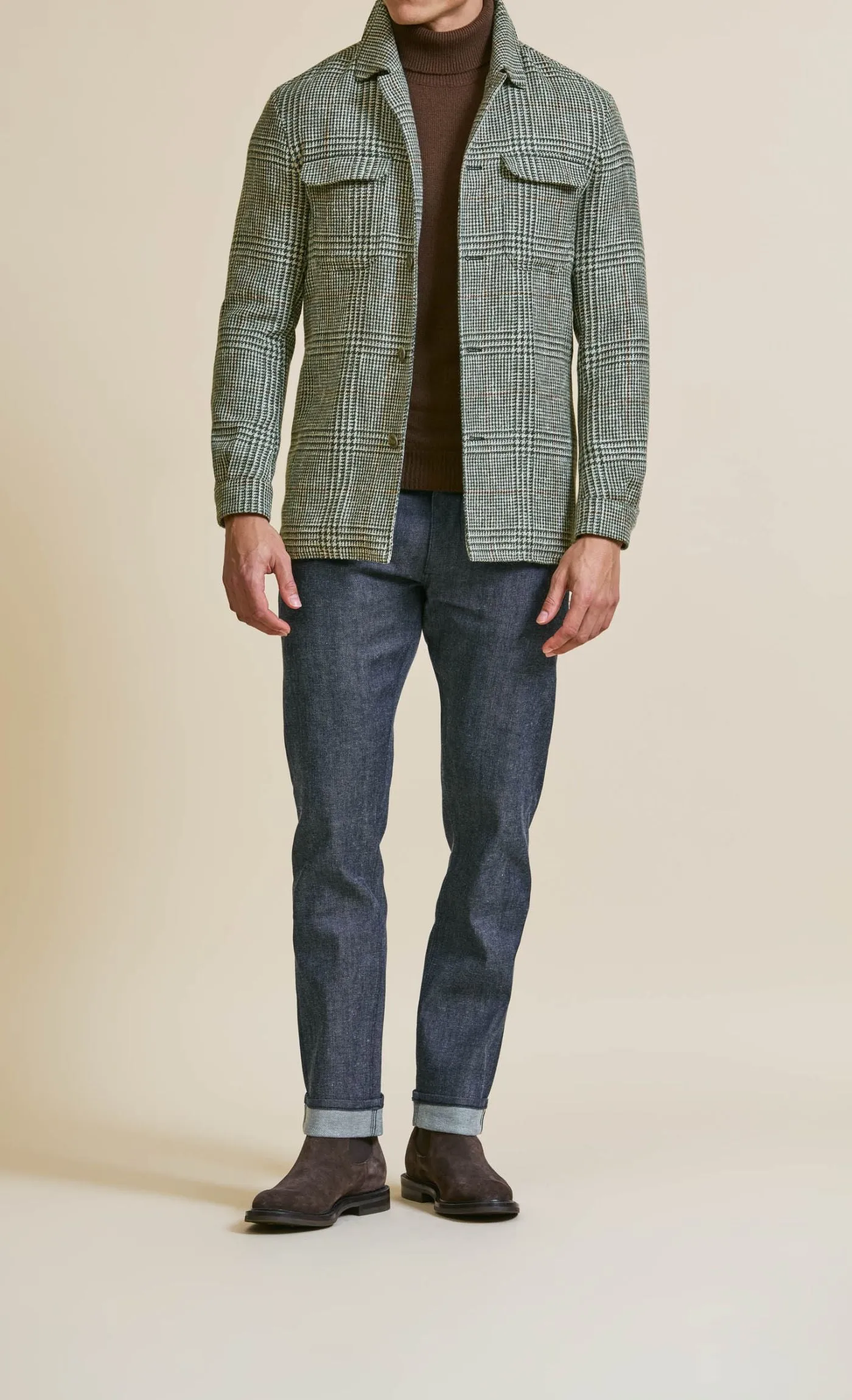 Ferla Jade Green & Beige Merino Wool, Alpaca & Linen Blend Glencheck with Cinnamon Windowpane