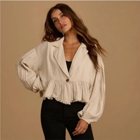 Free People Women’s Medium Lyra Beige Tiered Bed Jacket Boho Peasant