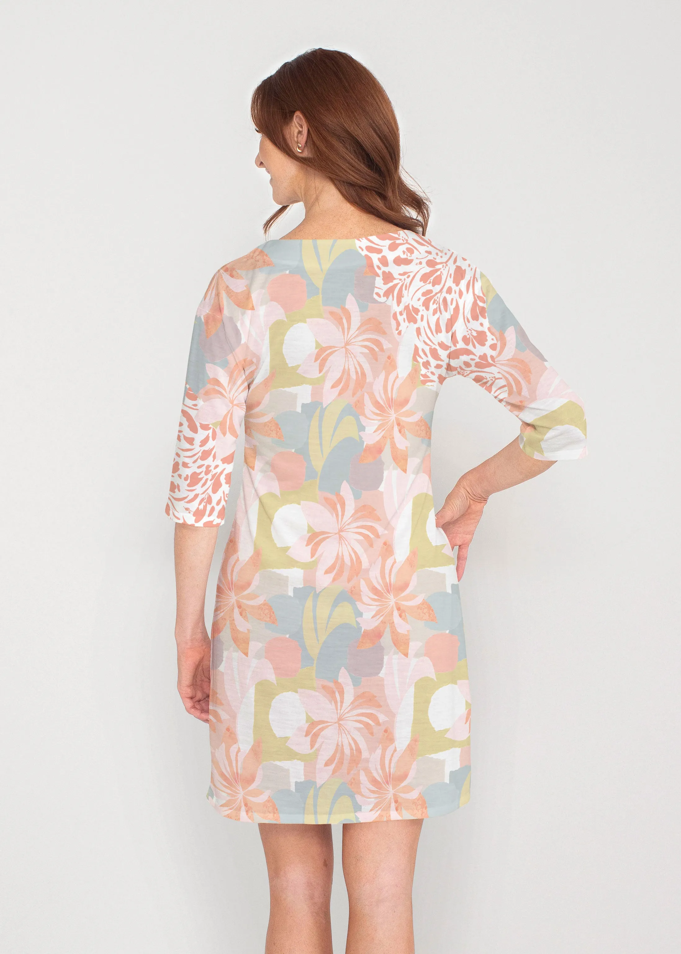 Garden Collage (8049) ~ Drop Shoulder 3/4 Sleeve V-Neck Dress