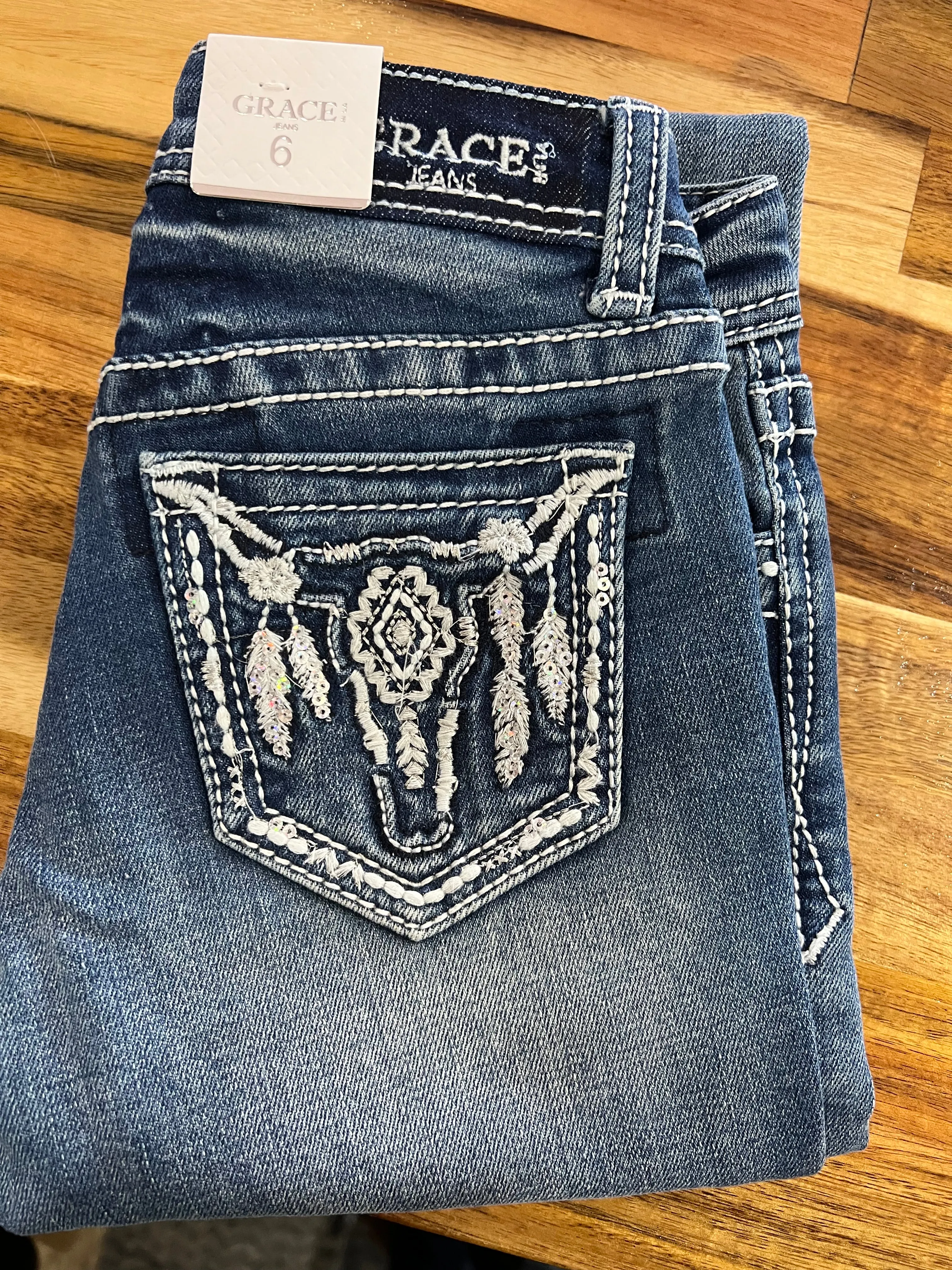 Girl's Grace in LA Bootcut- steer head & feathers