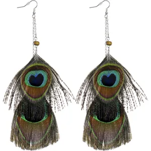 Gold Tone Chain Drop Peacock Feather Earrings