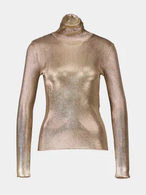 Gold Wet Look Viscose Knit Turtleneck