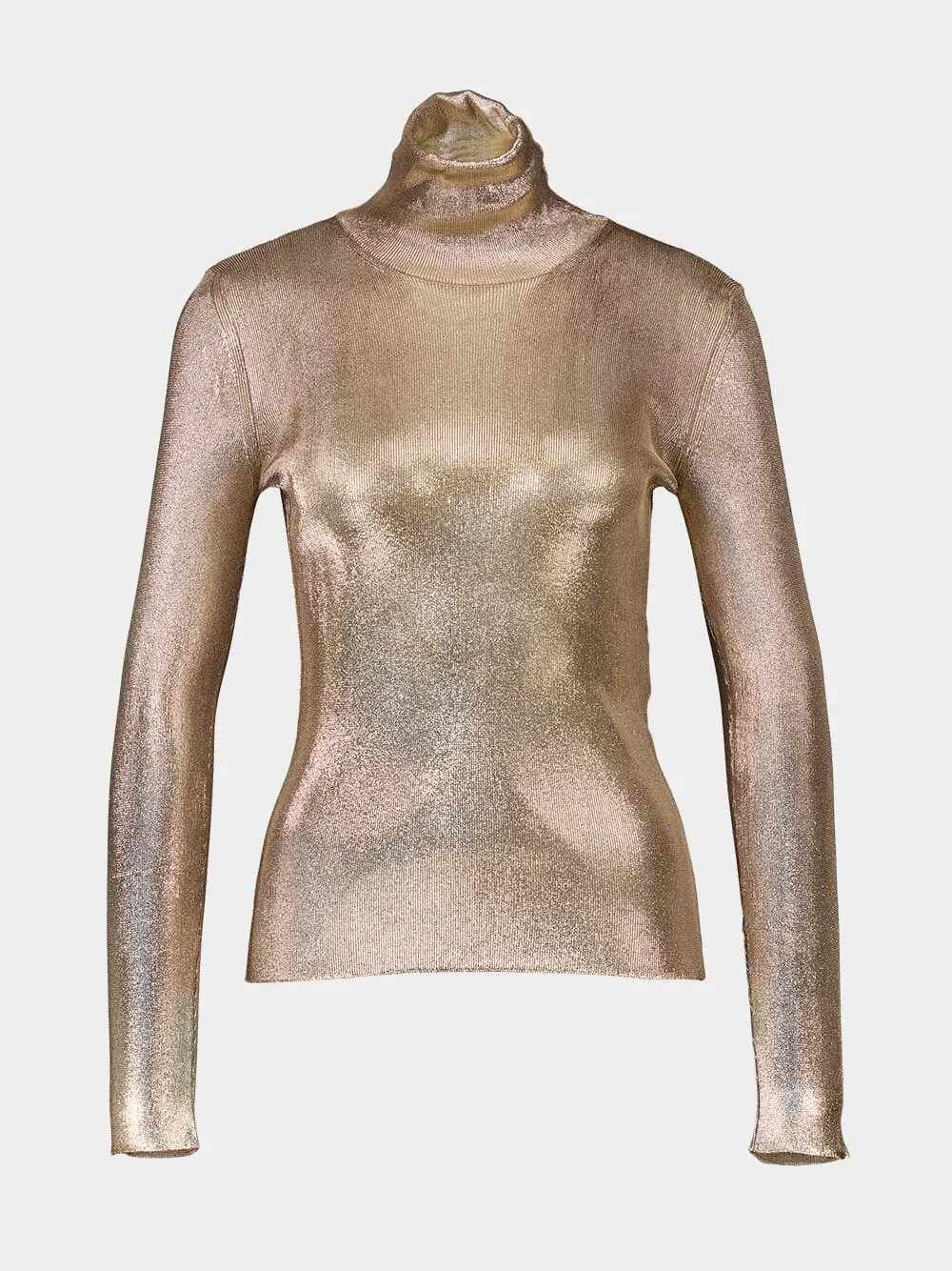 Gold Wet Look Viscose Knit Turtleneck