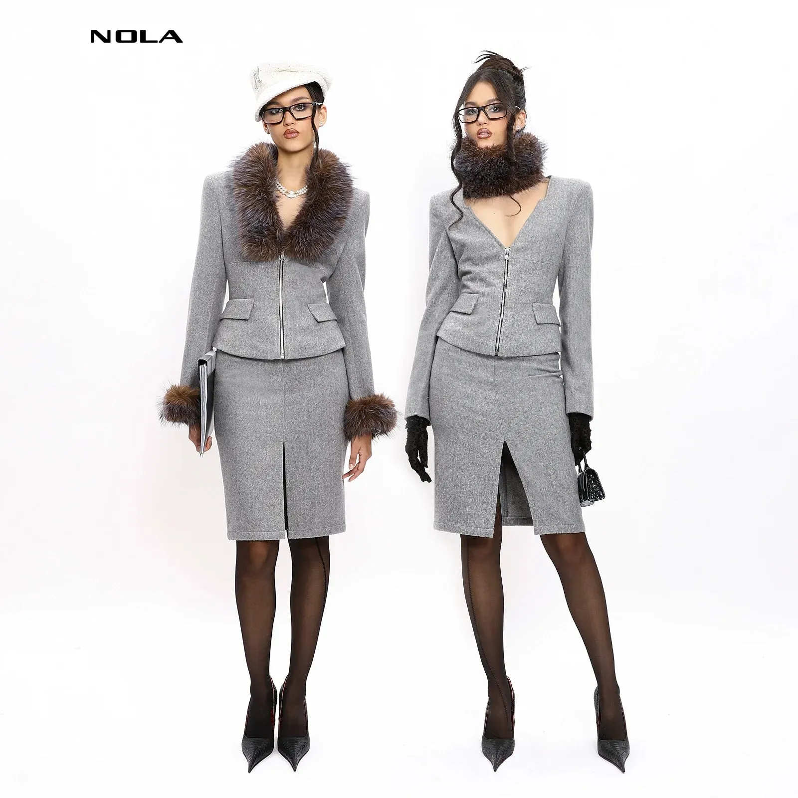 Gray Fur-Trimmed Skirt Suit