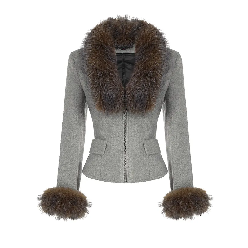 Gray Fur-Trimmed Skirt Suit