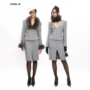 Gray Fur-Trimmed Skirt Suit