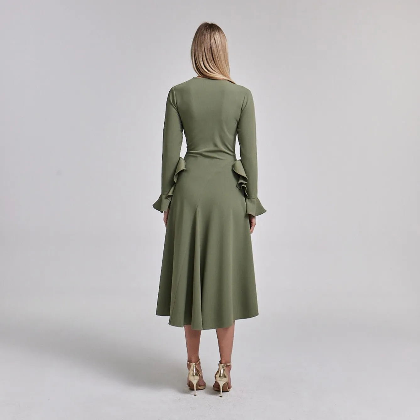Green Gathered Chest Crepe Midi Dress