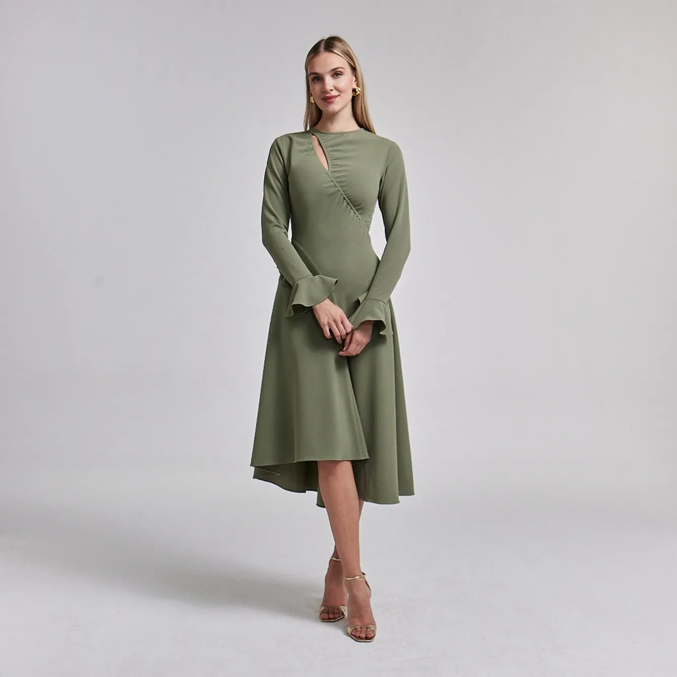 Green Gathered Chest Crepe Midi Dress