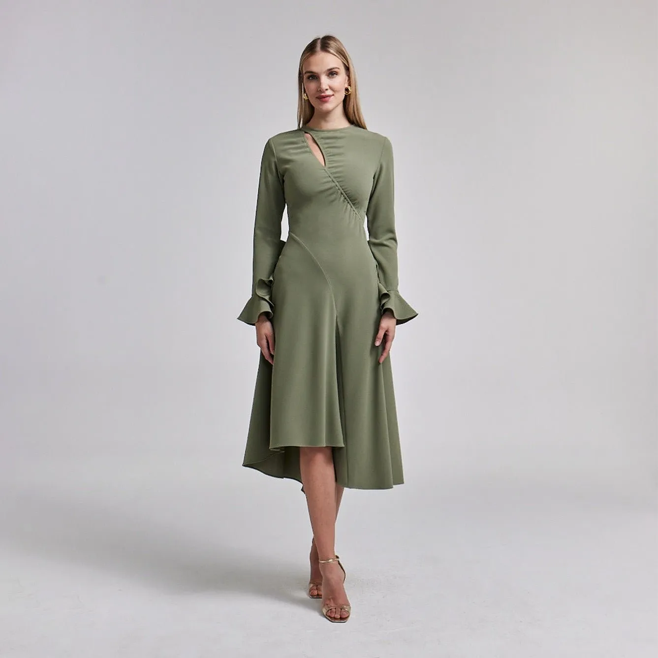 Green Gathered Chest Crepe Midi Dress
