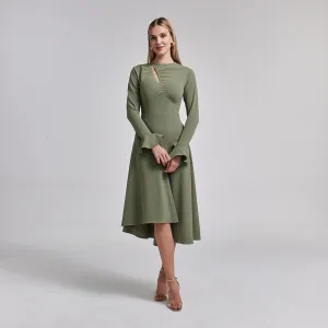 Green Gathered Chest Crepe Midi Dress