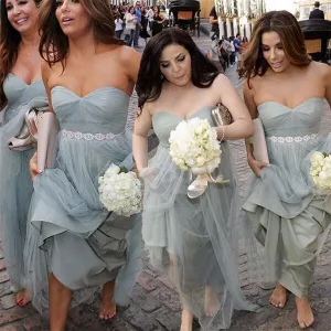 Grey Tulle Strapless Bridesmaid Dresses, Formal Dress With Rhinestone, BD112