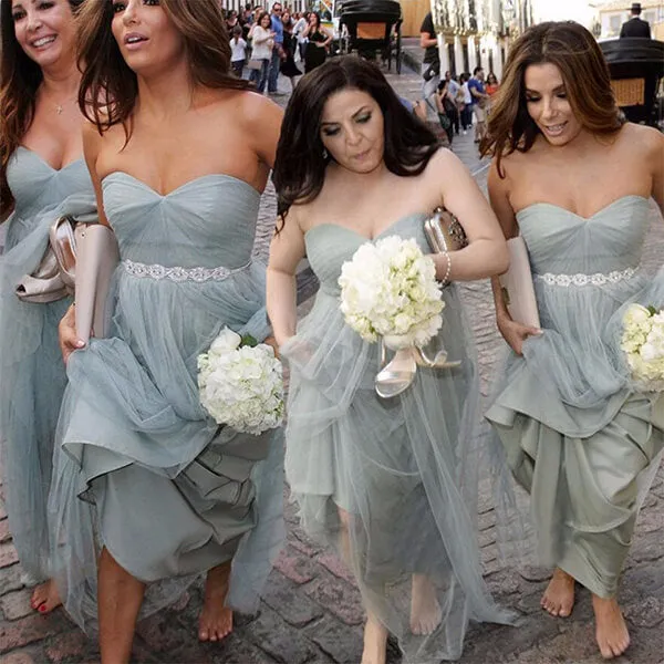 Grey Tulle Strapless Bridesmaid Dresses, Formal Dress With Rhinestone, BD112