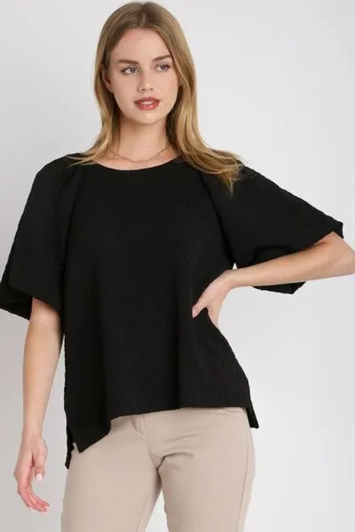 Hazel Blues® | Umgee Boxy Cut Jacquard Round Neck Top with Side Slit